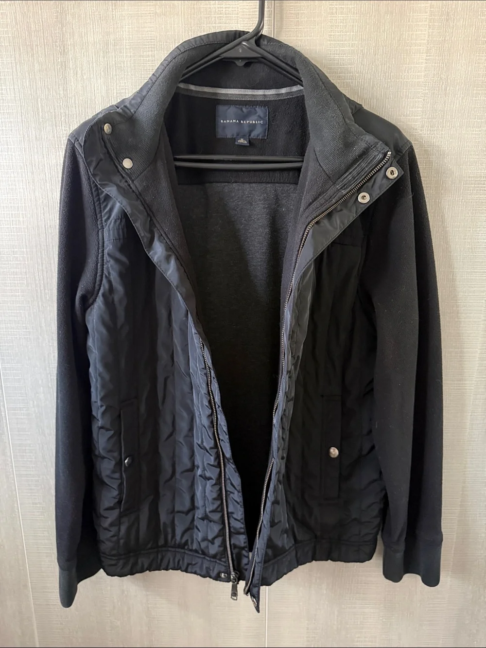 Banana Republic Black Quilted Hooded Performance Jacket with Knit Sleeves